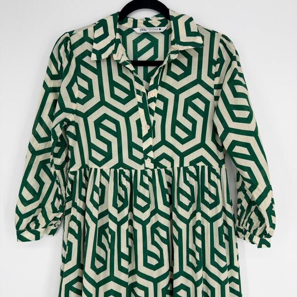 Zara Karen Tiered Midi Dress Geometric Print White Green Womens US XS - Picture 2 of 12
